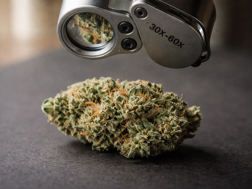Close-up of a cannabis bud under a handheld loupe inspecting trichomes for harvest timing.