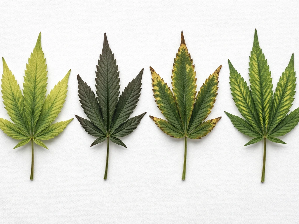 Four cannabis leaves in a row showing different nutrient deficiency color patterns on a clean background.