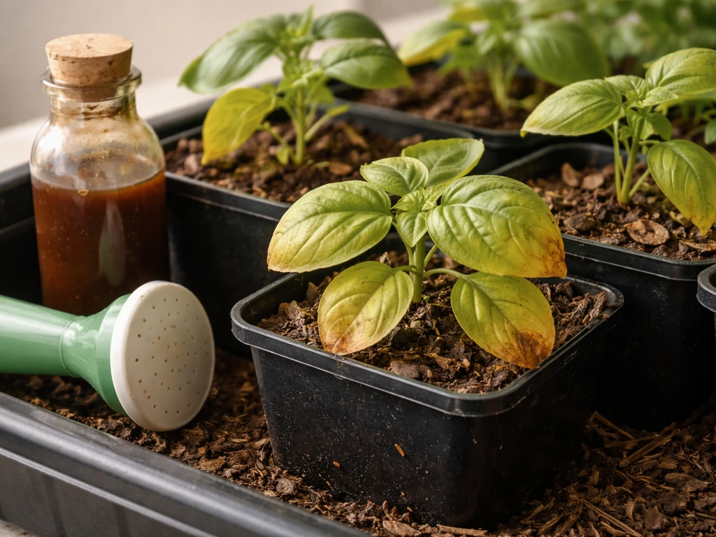 Close-up of potted plant leaves with yellowing and a small bottle of fish emulsion beside gardening soil.
