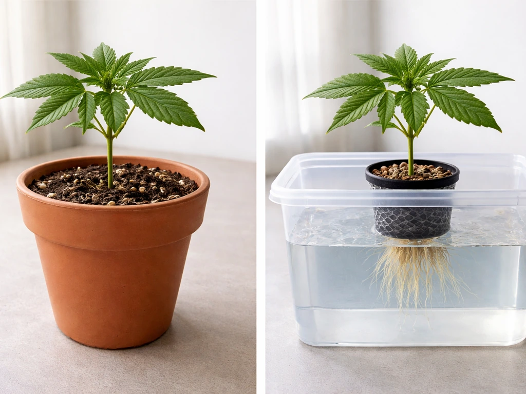 Split image: autoflower growing in dry soil on the left, and in a water reservoir on the right.