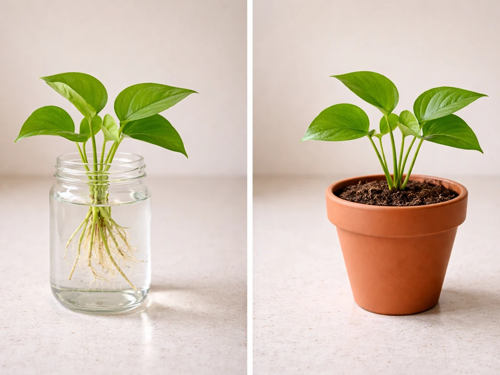 Side-by-side: one plant in water-only roots vs. one plant in organic soil in simple pots.