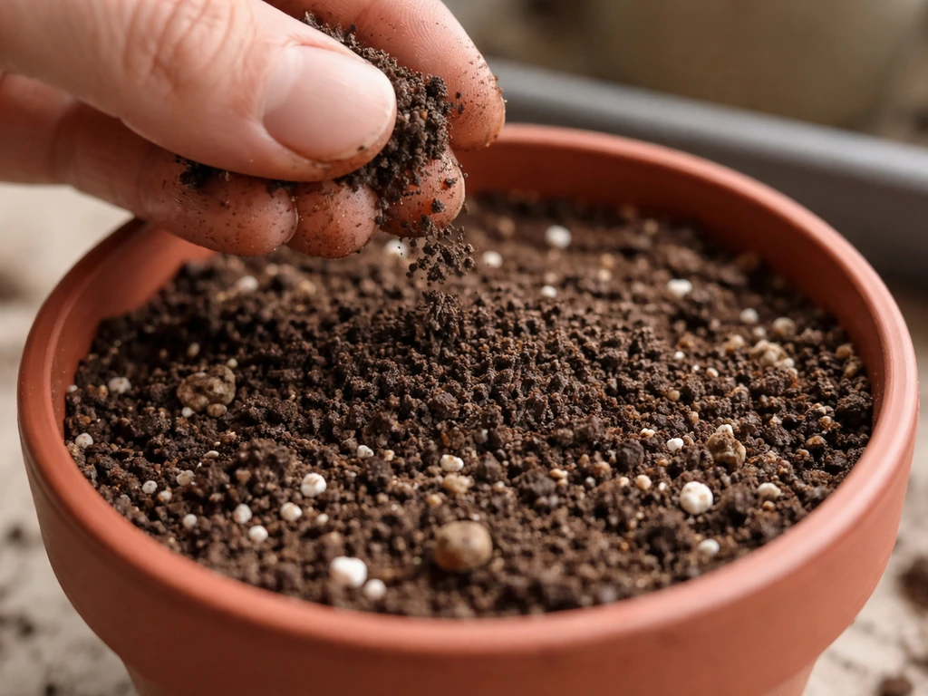 Close-up of organic potting mix in a small pot with visible worm castings and a thin top-dressing layer.