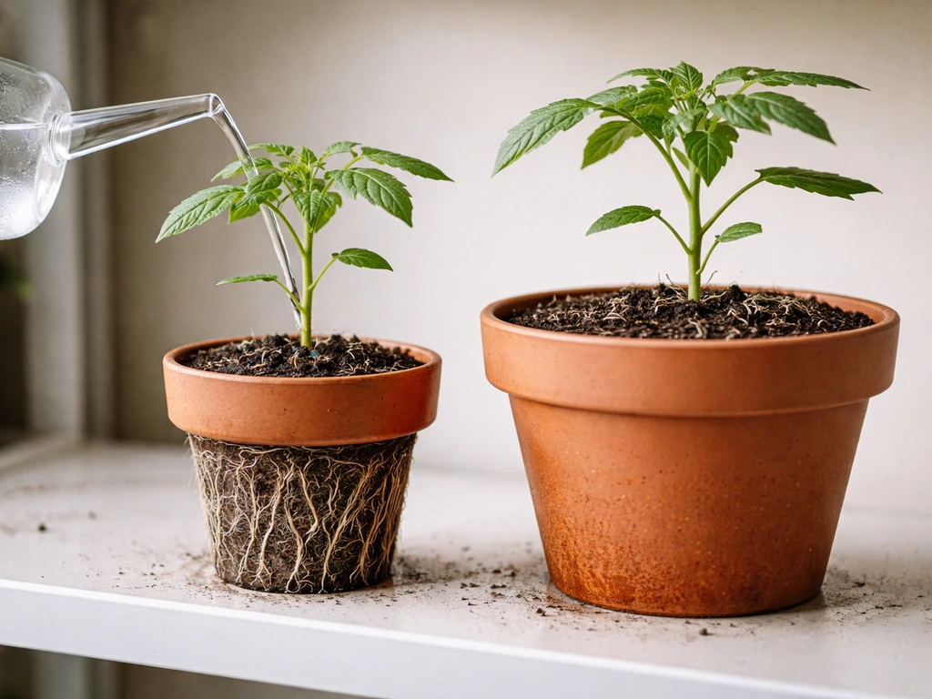Two small potted plants with different pot sizes and exposed roots, minimal watering-only grow-room setting
