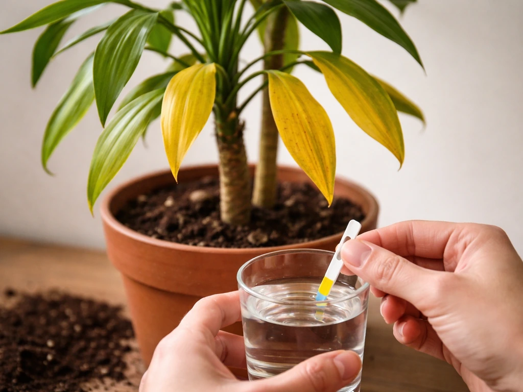 Close-up of yellowing lower plant leaves while hands hold pH test strip and a watering check