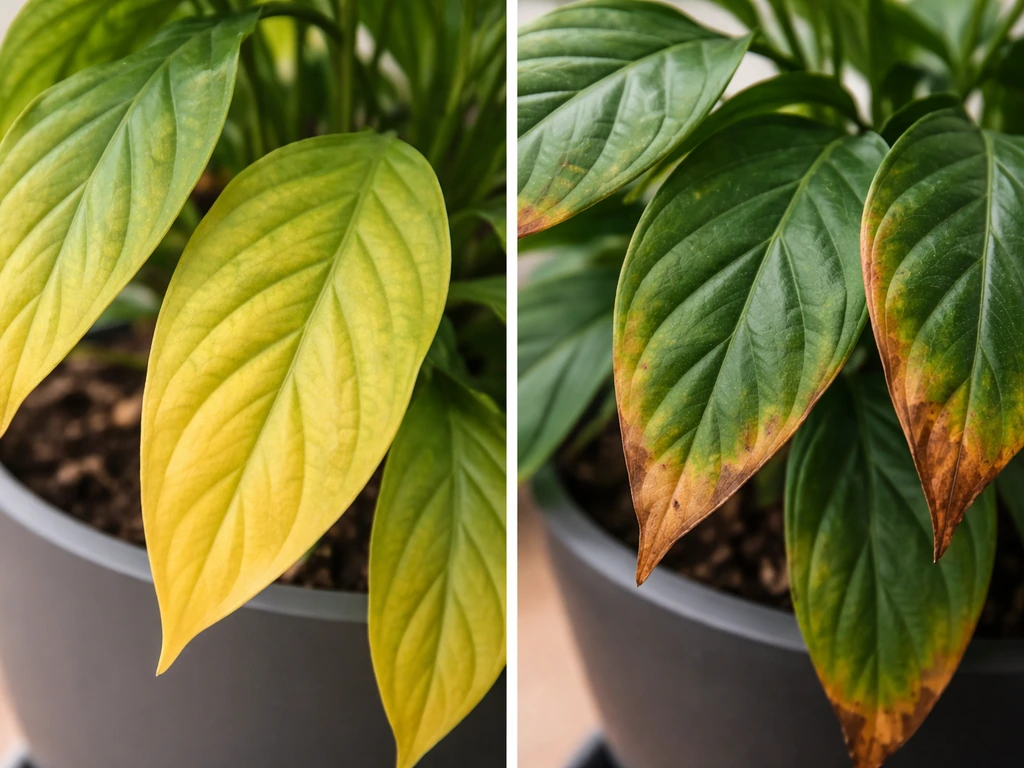 Split close-up of plant leaves: yellowing from deficiency versus browned curled tips from nutrient burn.
