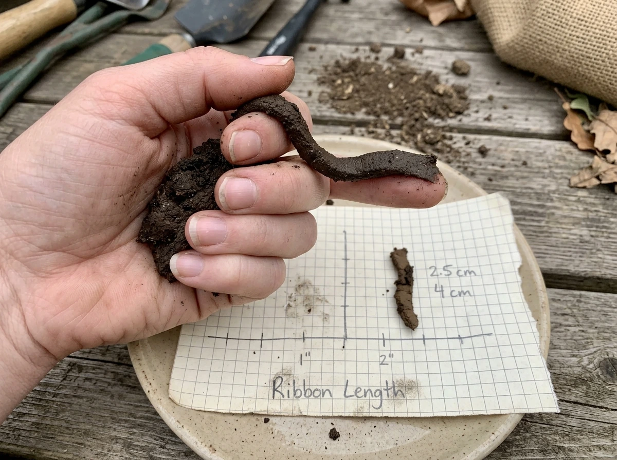 Squeezed moist soil forming a ribbon to estimate clay content.