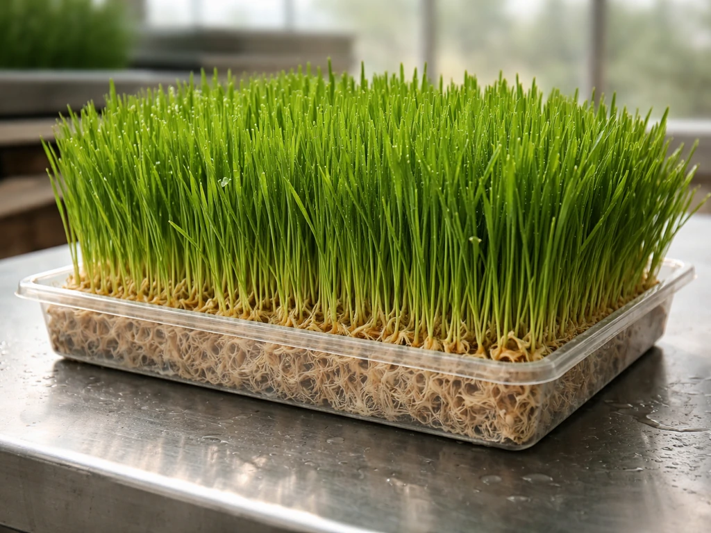 Dense green hydroponic grain shoots with visible root mat on a clean workbench.