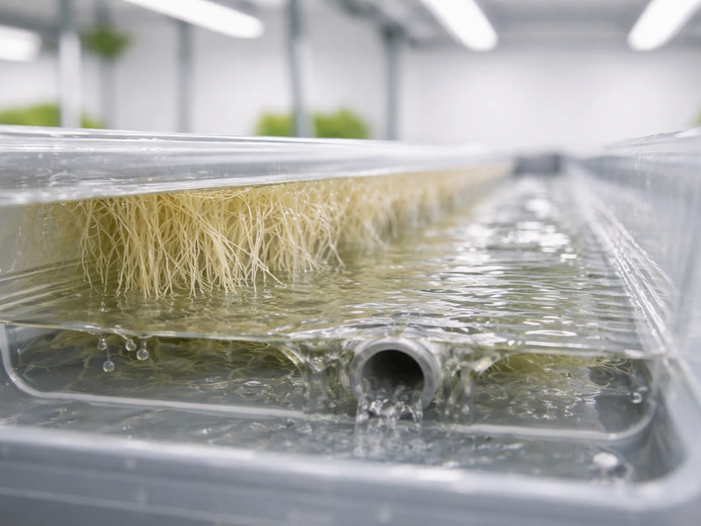 Close-up of a recirculating NFT hydroponic tray with nutrient film flowing over a root mat