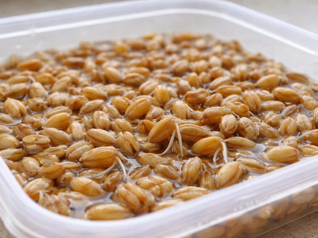 Close-up of sprouting wheat/barley grains in a simple tray with early white roots