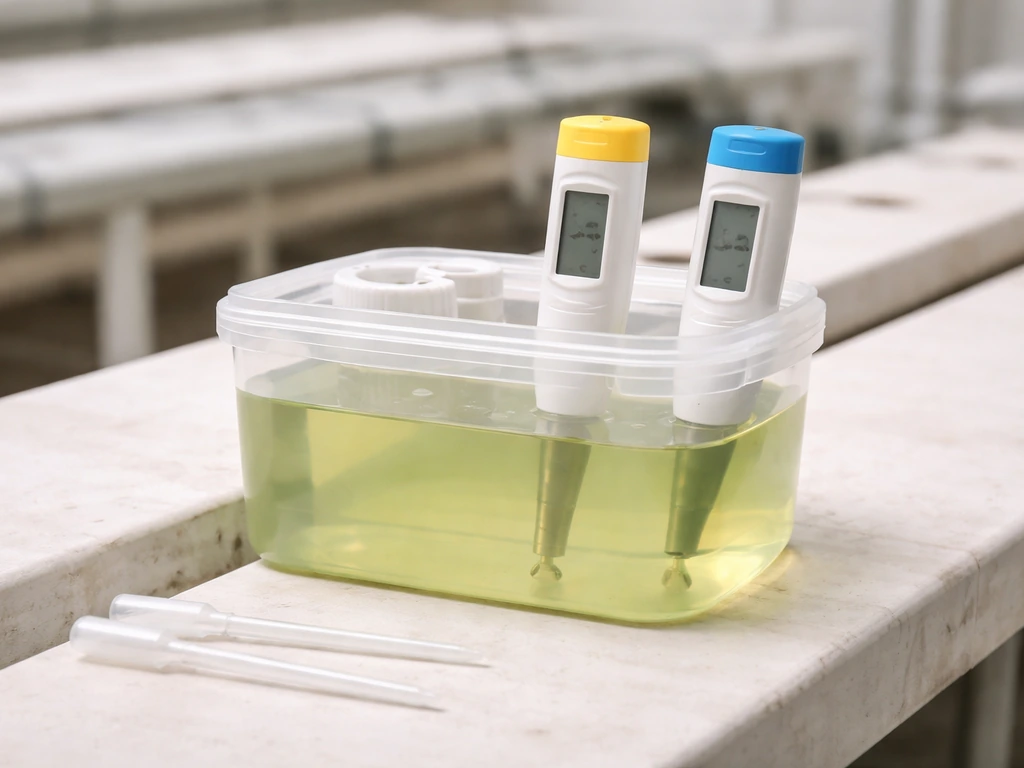 Minimal grain hydroponics setup with pH meter, EC meter, and a nutrient solution container