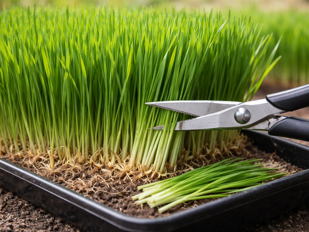 Fresh wheatgrass and barley greens being harvested with a clean cut just above the root mat.