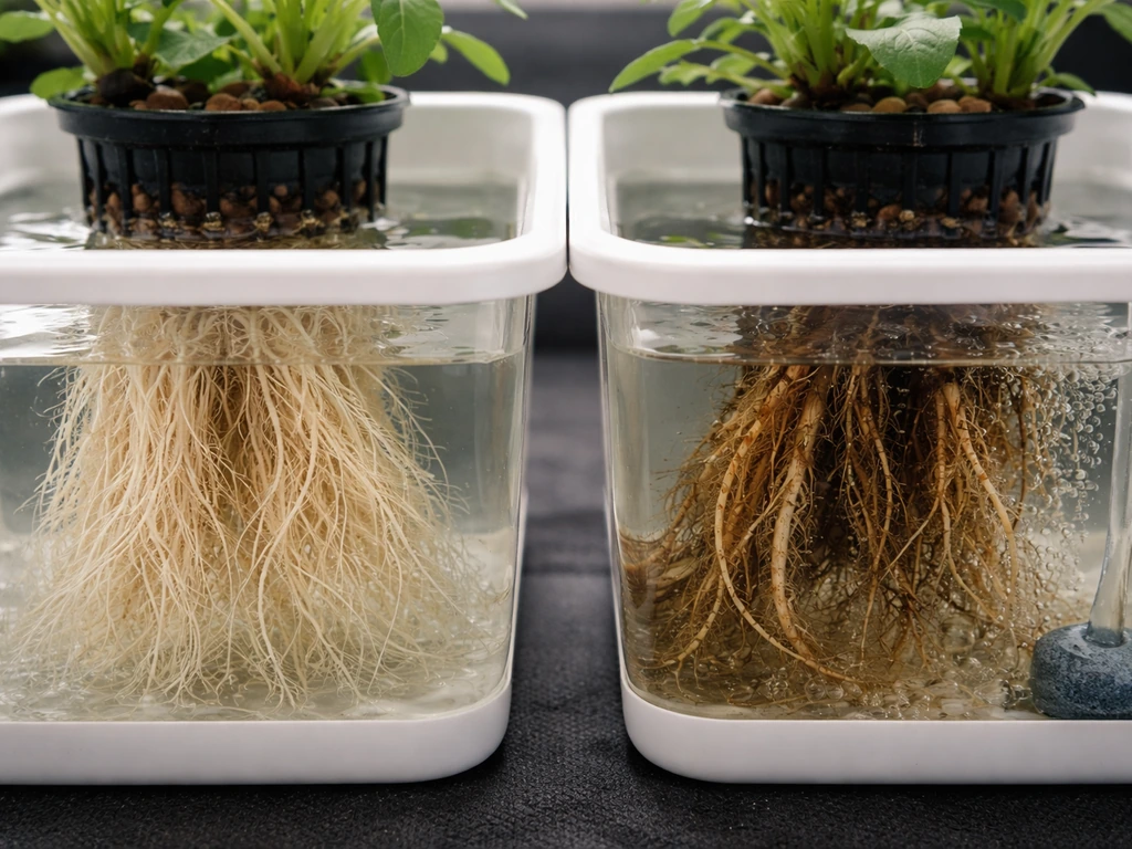 Split view of healthy vs root-rot hydroponic roots, with aeration bubbles and an air stone visible.