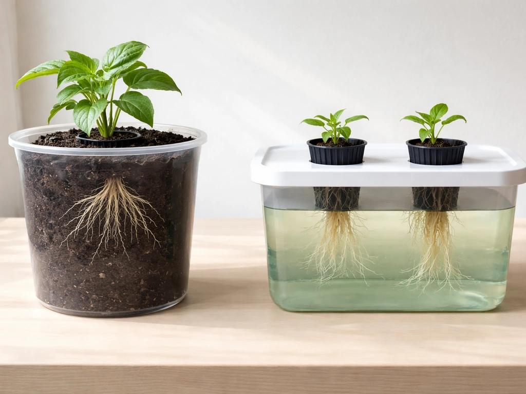 Side-by-side photo scene contrasting potted soil roots and a small hydroponic setup with net pots and nutrient water.