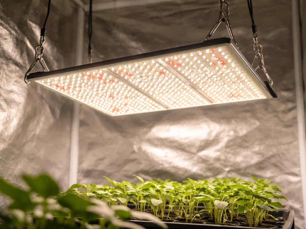 Full-spectrum LED grow panel in a tent, mounted overhead with adjustable height above seedlings.