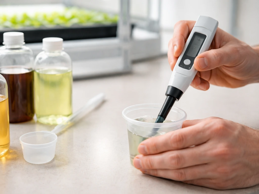 Close-up hands mixing plant nutrients and measuring EC/TDS with a conductivity meter in a simple grow setup.