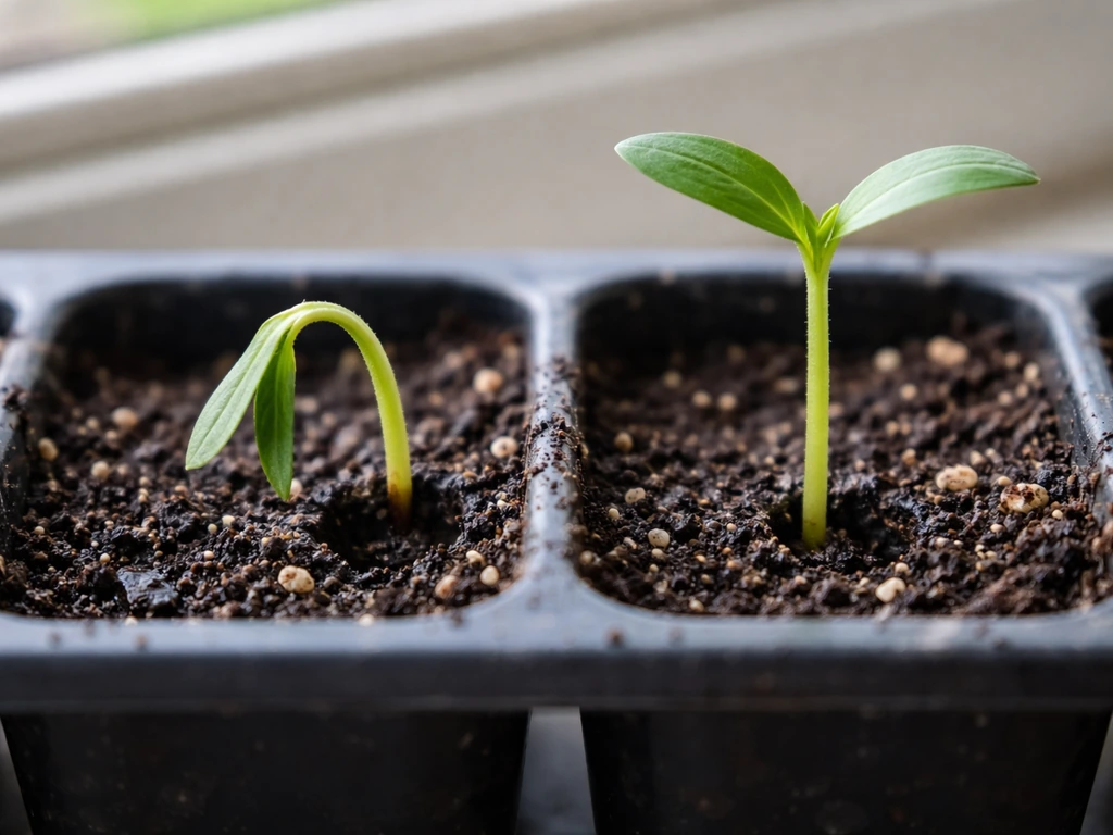 Close-up of a drooping seedling at the soil surface beside a healthy upright seedling in a tray.