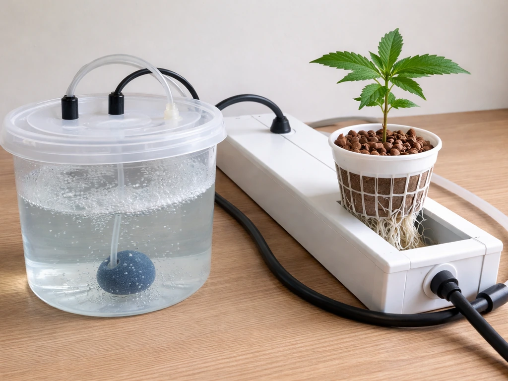 Translucent hydroponic reservoir with air stone and tubing beside a net pot with an autoflower seedling.