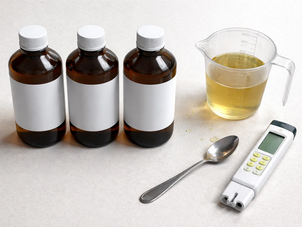 Overhead shot of three nutrient bottles, measuring cup, and pH/EC meter on a mixing bench.