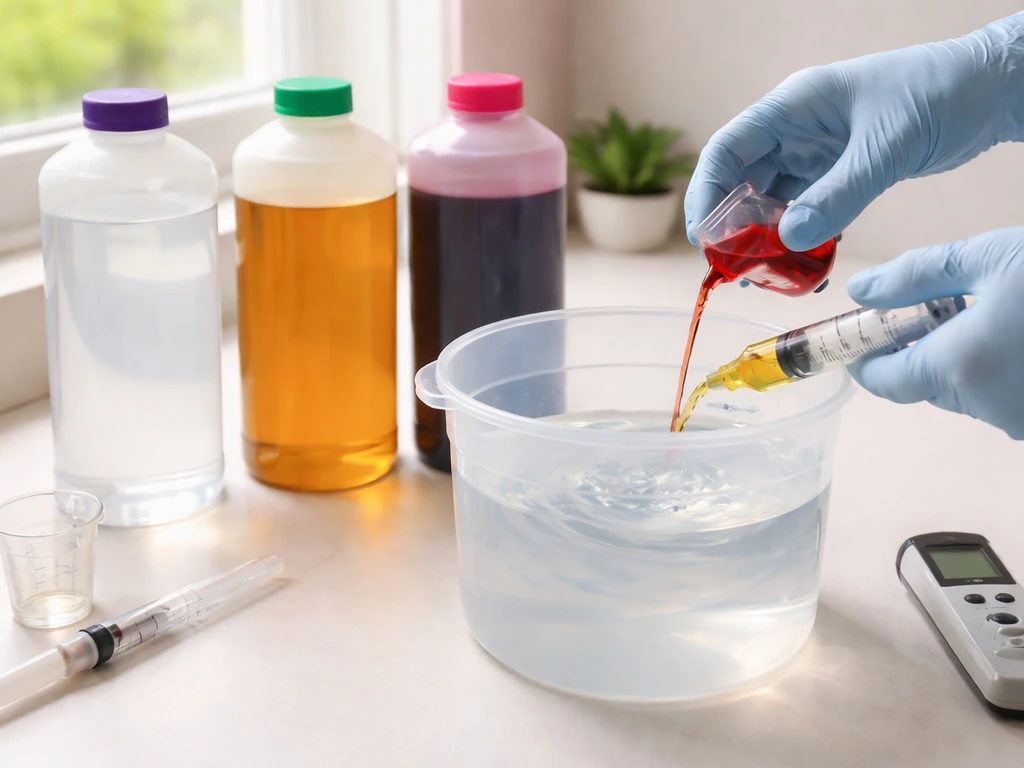 Gloved hands measure and pour nutrient bottles into a reservoir, with an unlit pH/EC meter nearby.