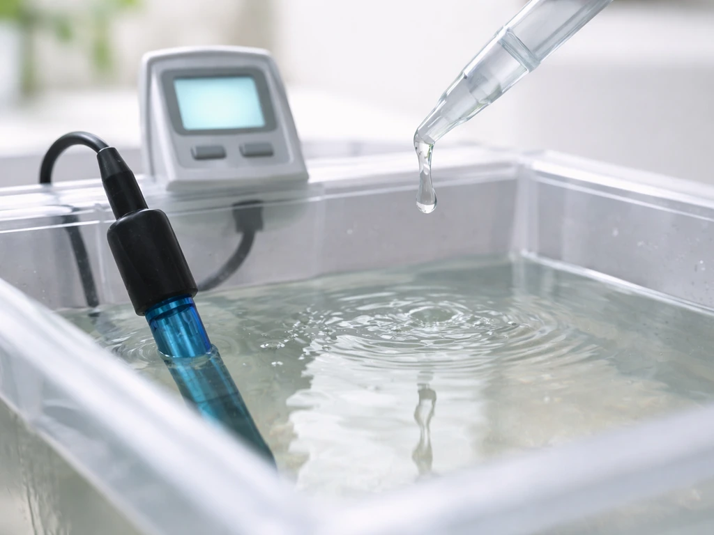 Close-up of a pH probe in a hydroponic reservoir as liquid is dispensed to adjust pH