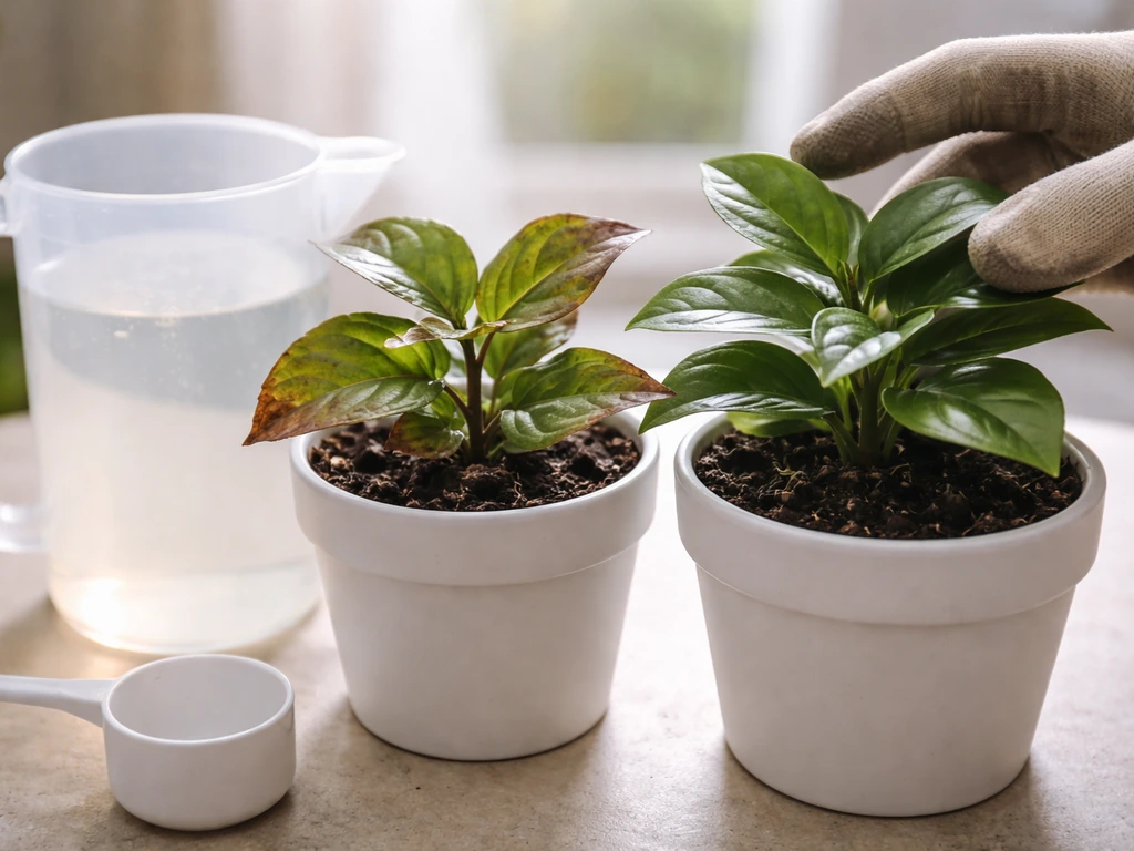 Leaf close-up showing nutrient burn edges beside a watered plant and a jug of diluted water.