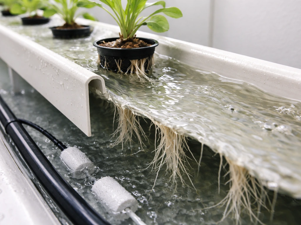 Close-up of NFT hydroponic channel with roots above a clear nutrient film and visible return line