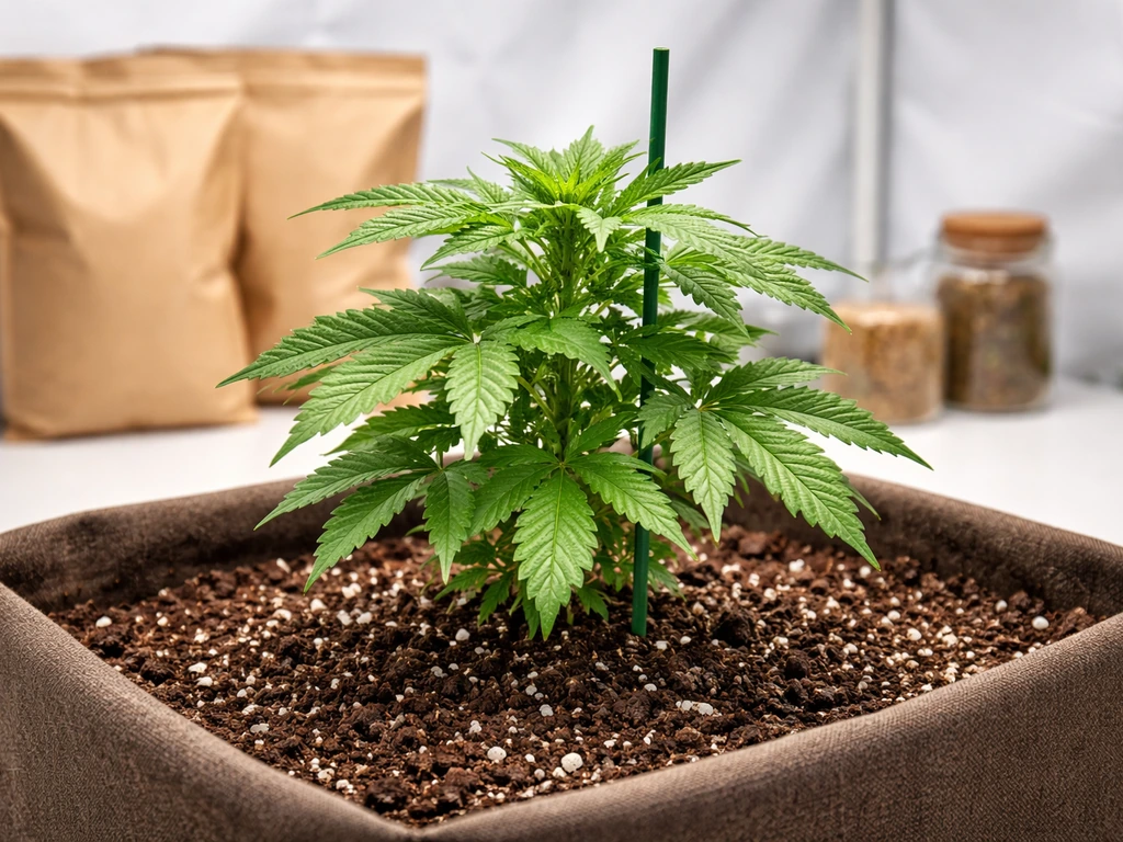 Healthy autoflower plant in rich organic soil with blurred organic nutrient amendments in background.