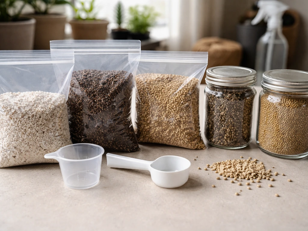 Assorted gardening supplies and nutrient granules laid out on a clean surface before germination.