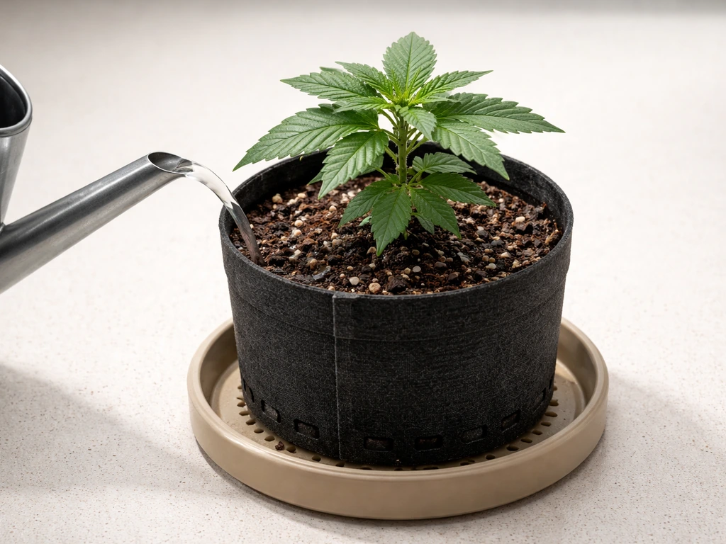 Young autoflower plant in a fabric pot on a saucer, showing drainage holes and controlled watering without pooling water