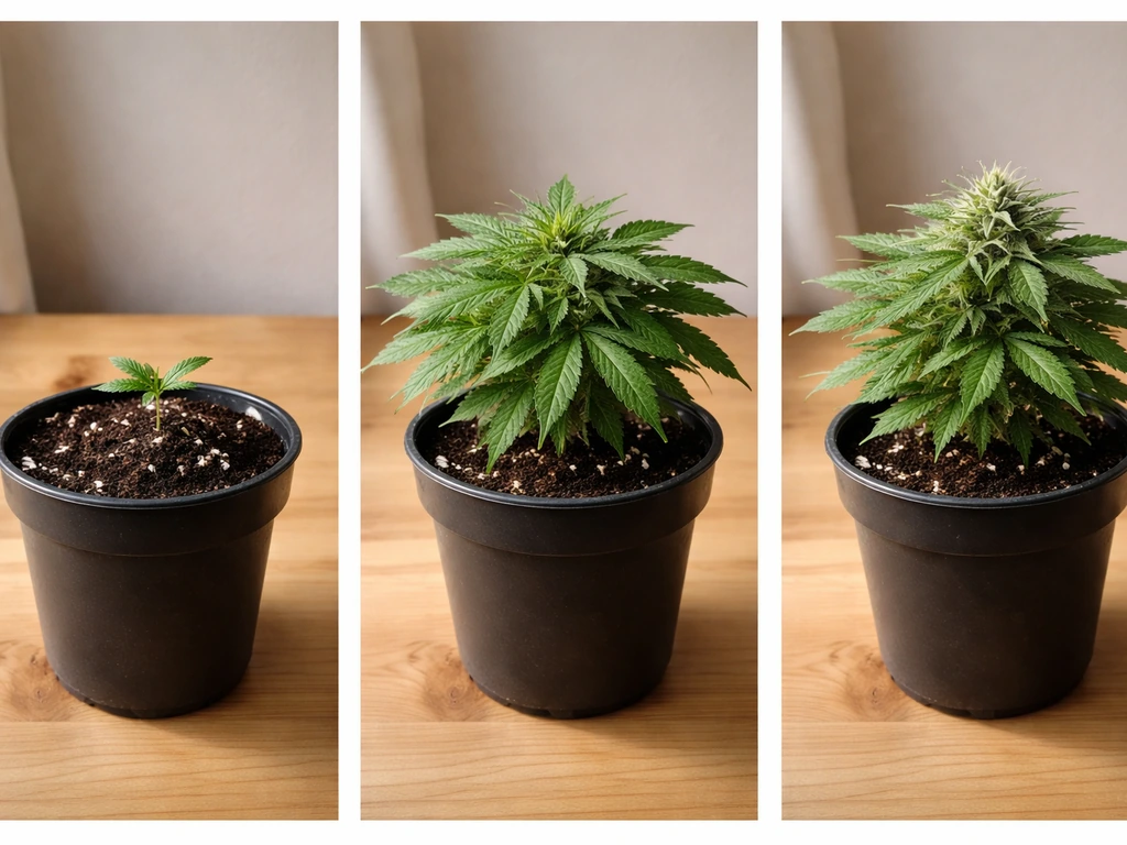 Three visible growth stages of an autoflower plant progressing from seedling to flowering in small pots.