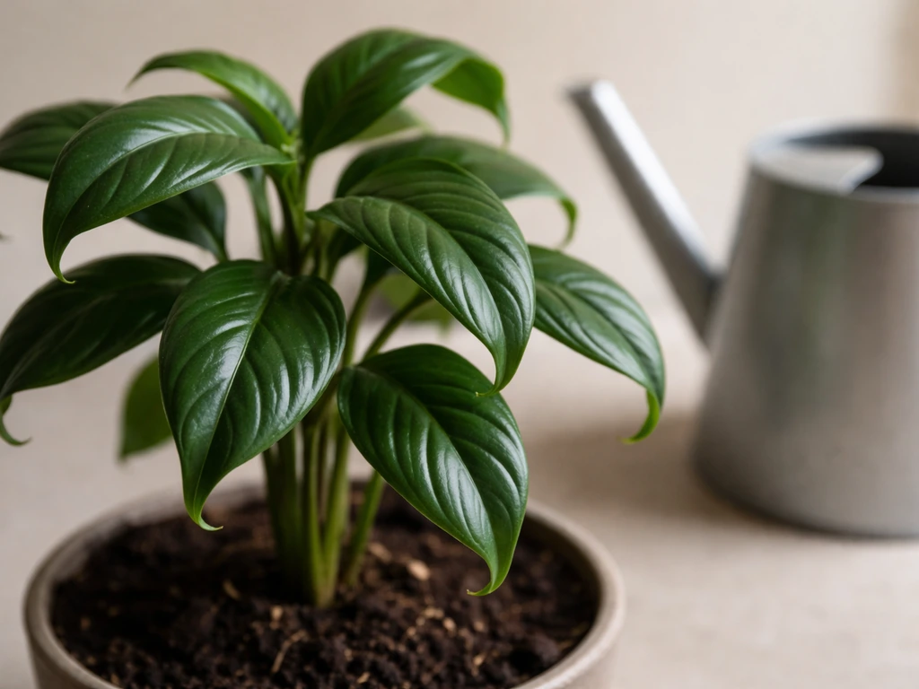 Close-up of dark green clawing plant leaves with tips curling down, with a watering can beside it.