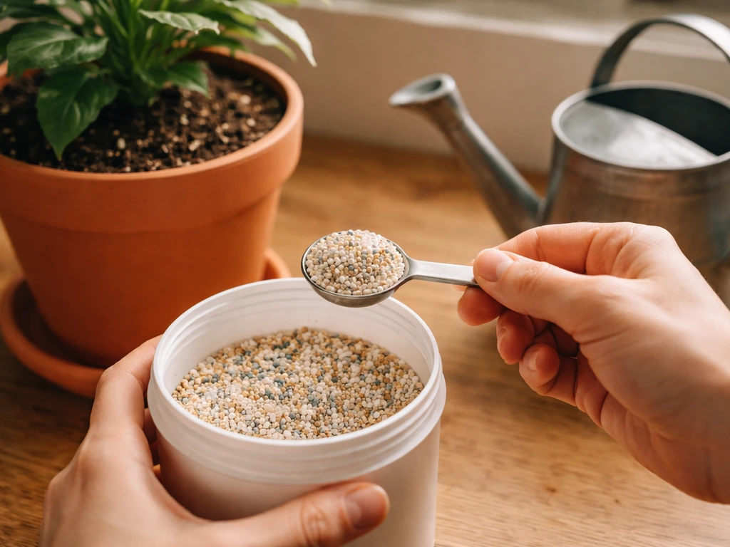 Hands measure fertilizer and apply it around a single soil plant pot in a simple indoor setup.