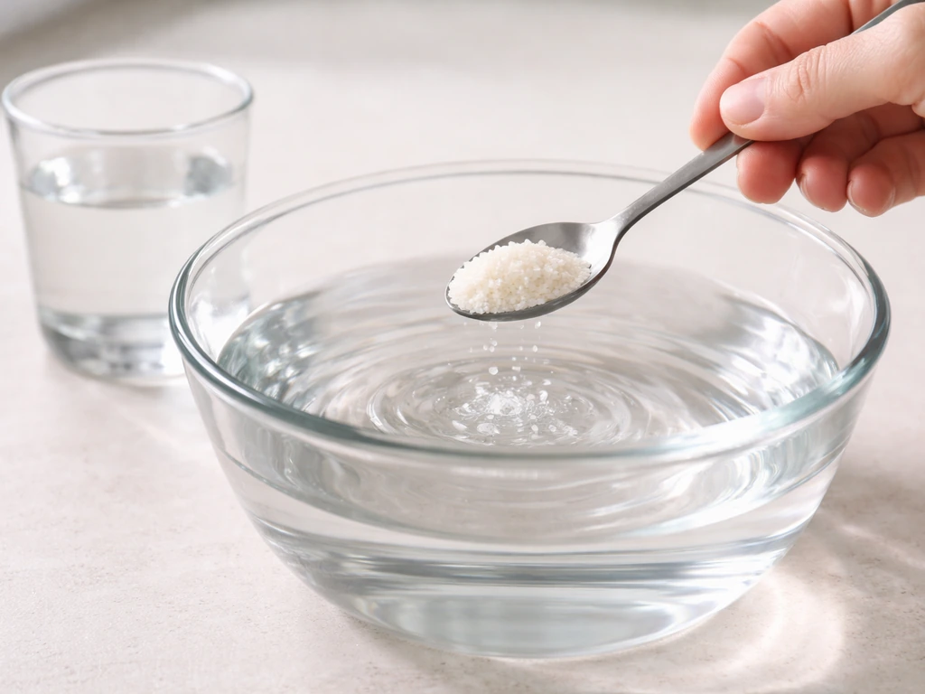 Close-up of a spoon measuring fertilizer granules, stirring into clear water in a glass bowl