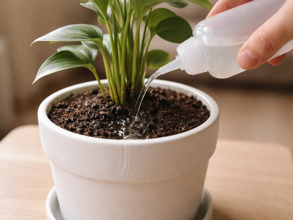 Hand pouring liquid fertilizer solution around the base of a potted plant, with visible runoff.
