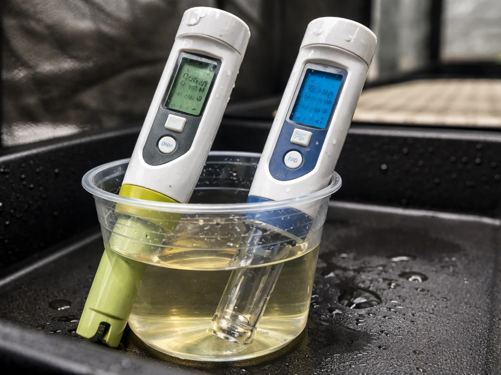 Close-up of a pH meter and EC/PPM meter beside a cup of nutrient solution in a shallow tray.