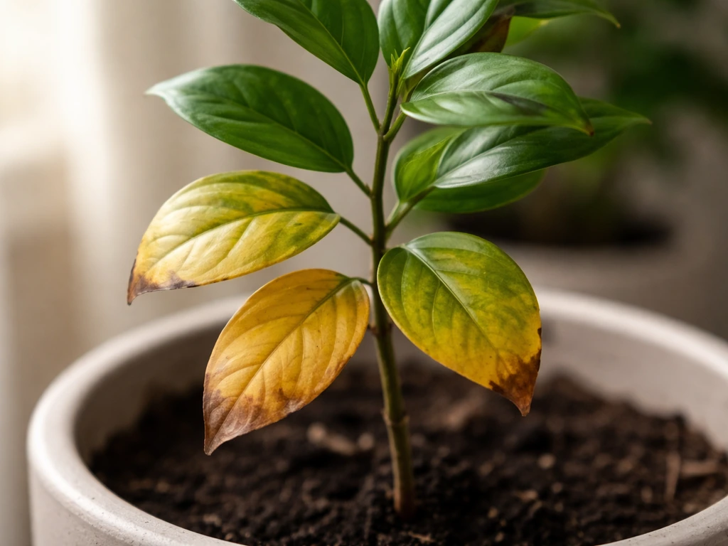 Close-up of plant leaves showing bottom-up yellowing with greener new growth, illustrating nutrient deficiency.